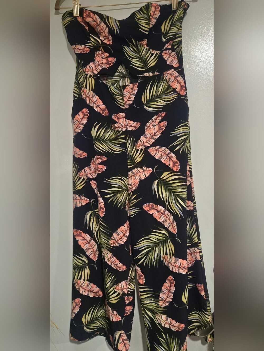 Strapless Tropical Leaf Jumpsuit in Navy, Coral & Green